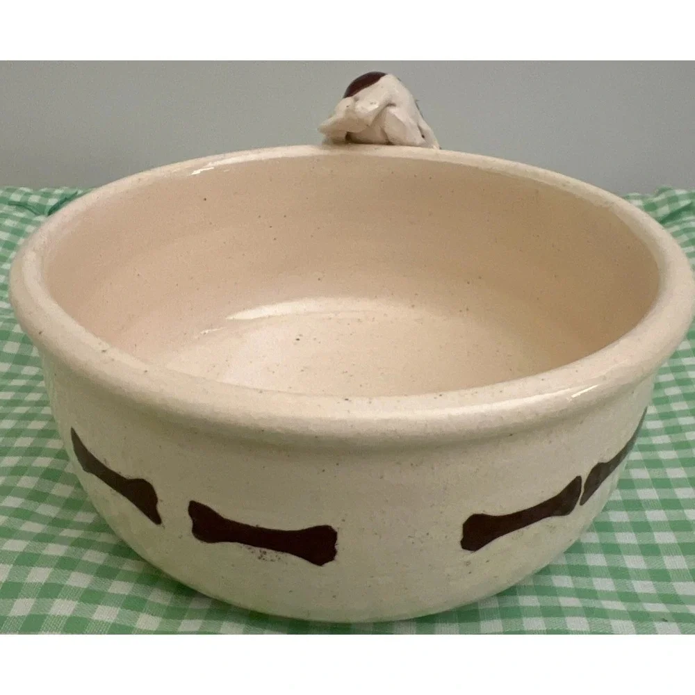 Sm Dog‎ Food Water Bowl White Dog Brown Spots Glazed Studio Pottery Signed 5